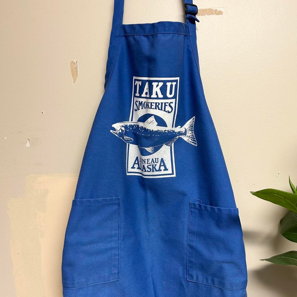 Vintage 90s TAKU Smokeries Juneau Alaska Blue Augusta Sportswear Apron USA Made